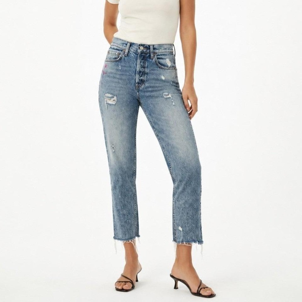 Boyish Tommy High Rise‎ Straight Jeans Women's 24 Light Wash Painted Denim
